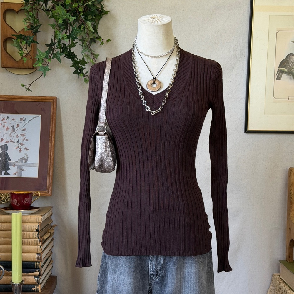 Brown Ribbed V-Neck Sweater Grunge Fairycore Y2K Twilightcore Fitted Layering